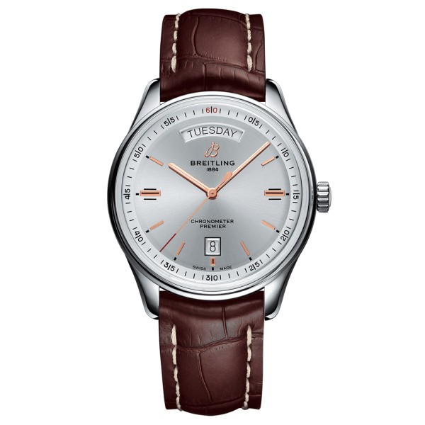 Montre Breitling Premier Automatic Day Date B45 cadran argenté bracelet croco brun 40 mm