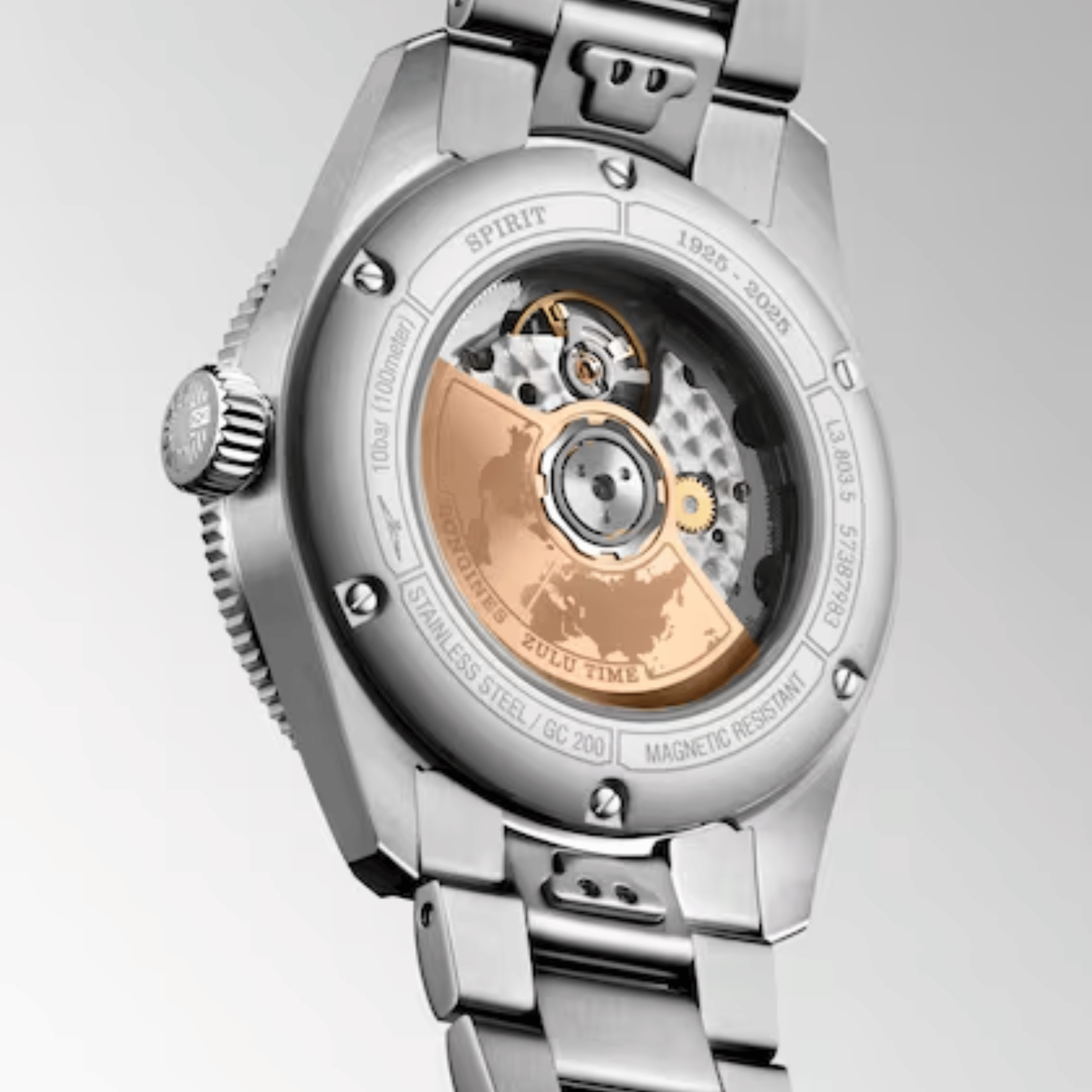 Longines Spirit Zulu Time 1925 automatic rose gold bezel black dial steel bracelet 39 mm