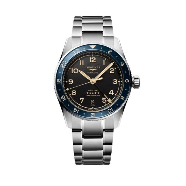 Longines Spirit Zulu Time automatic blue ceramic bezel anthracite dial steel bracelet 39 mm