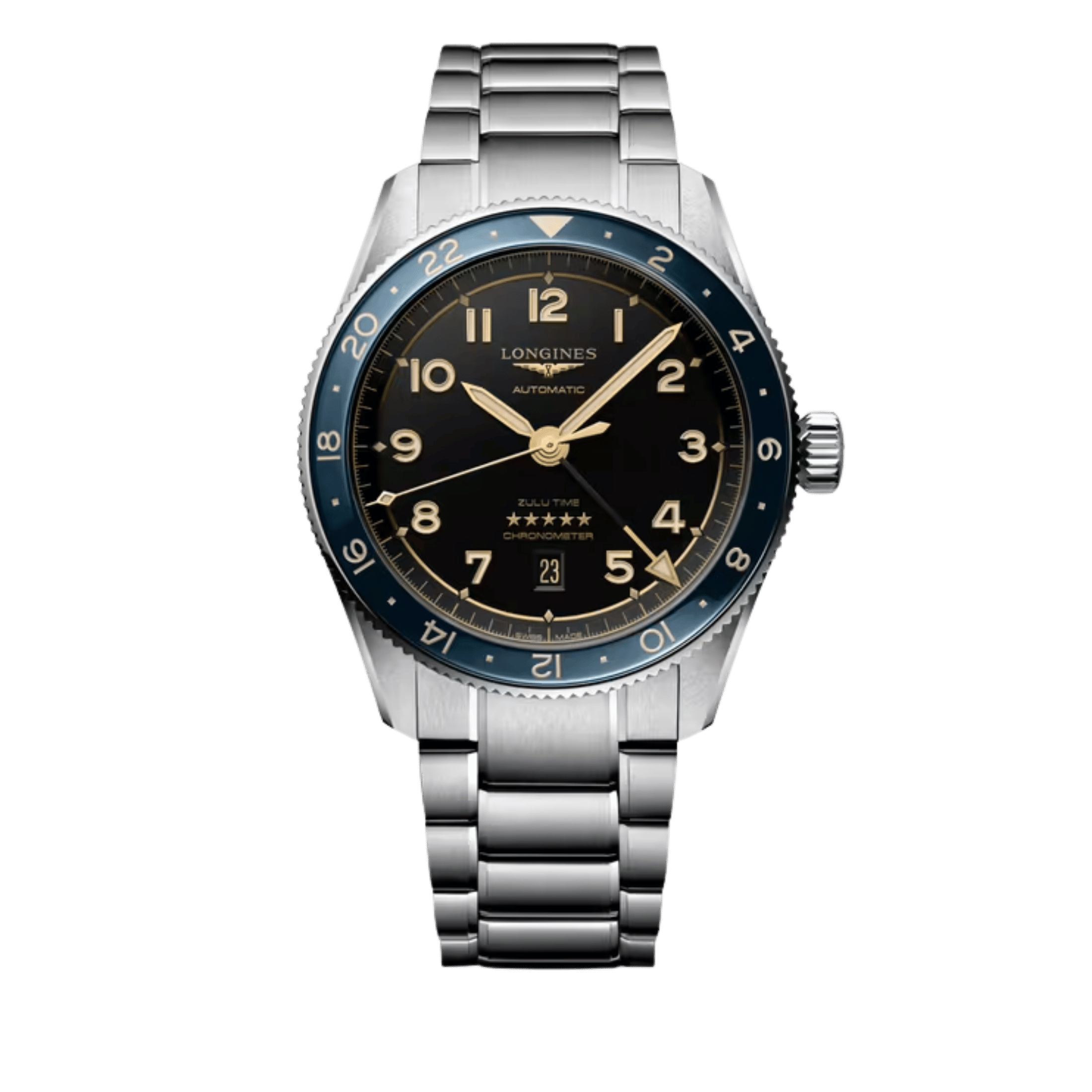 Montre Longines Spirit Zulu Time automatique lunette céramique bleue cadran anthracite bracelet acier 42 mm