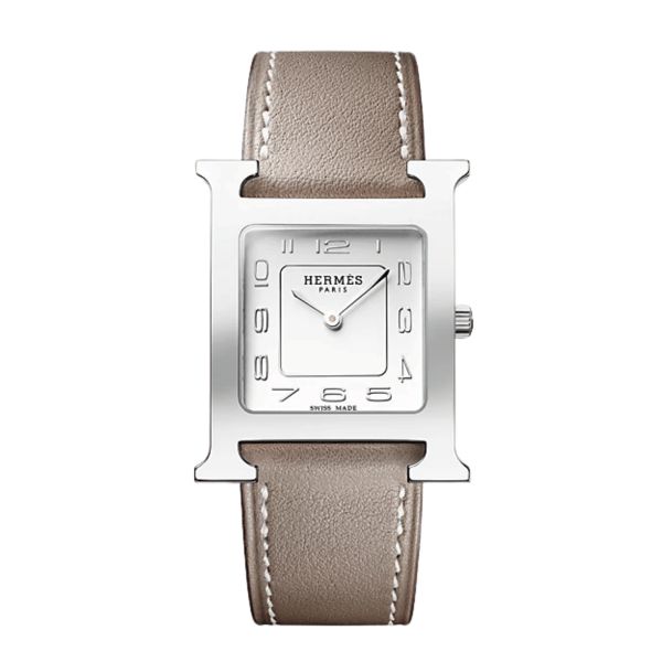 HERMÈS Heure H Medium Model quartz silver dial etaupe leather strap 30 mm