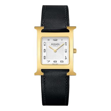 HERMÈS Heure H Medium Model PVD quartz white dial black leather strap 30 mm