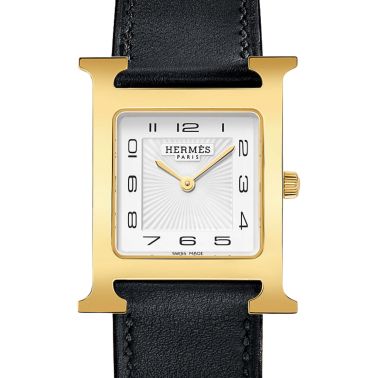 HERMÈS Heure H Medium Model PVD quartz white dial black leather strap 30 mm