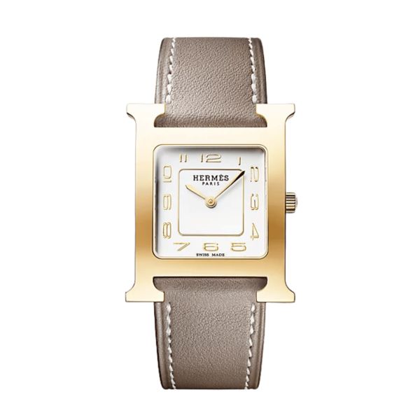 Montre HERMÈS Heure H Moyen Modèle PVD quartz cadran argenté bracelet cuir étoupe 30 mm
