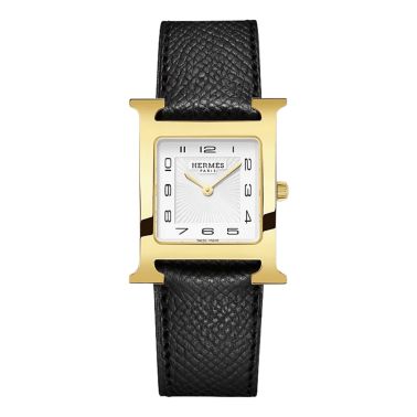 HERMÈS Heure H Medium Model PVD quartz white dial black leather strap 30 mm