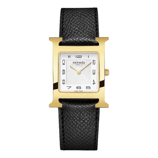 Montre HERMÈS Heure H Moyen Modèle PVD quartz cadran blanc bracelet cuir noir 30 mm
