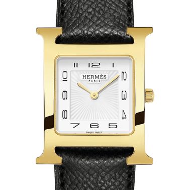 HERMÈS Heure H Medium Model PVD quartz white dial black leather strap 30 mm