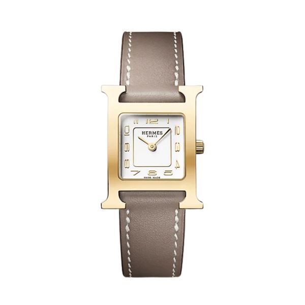 HERMÈS Heure H Small Model PVD quartz silver dial etoupe leather strap 25 mm