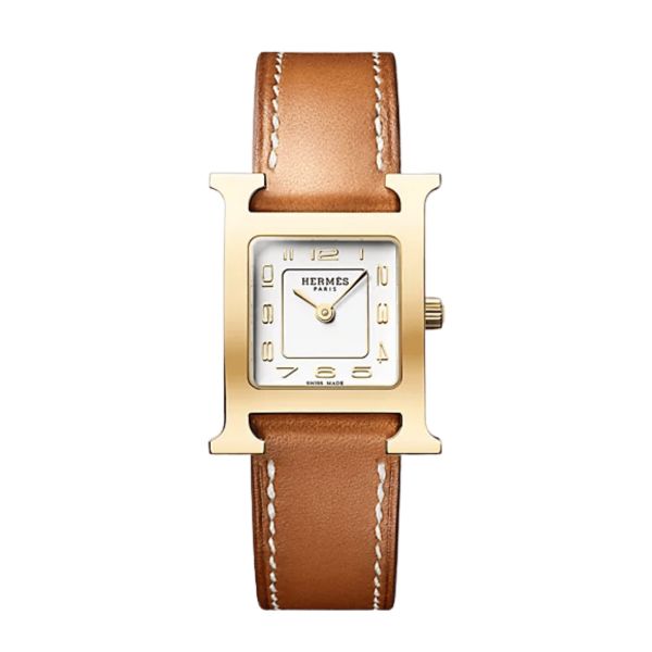 HERMÈS Heure H Small Model PVD quartz silver dial Barénia leather strap 25 mm