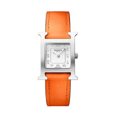 HERMÈS H Hour Small Model quartz white dial Swift orange leather strap 25 mm