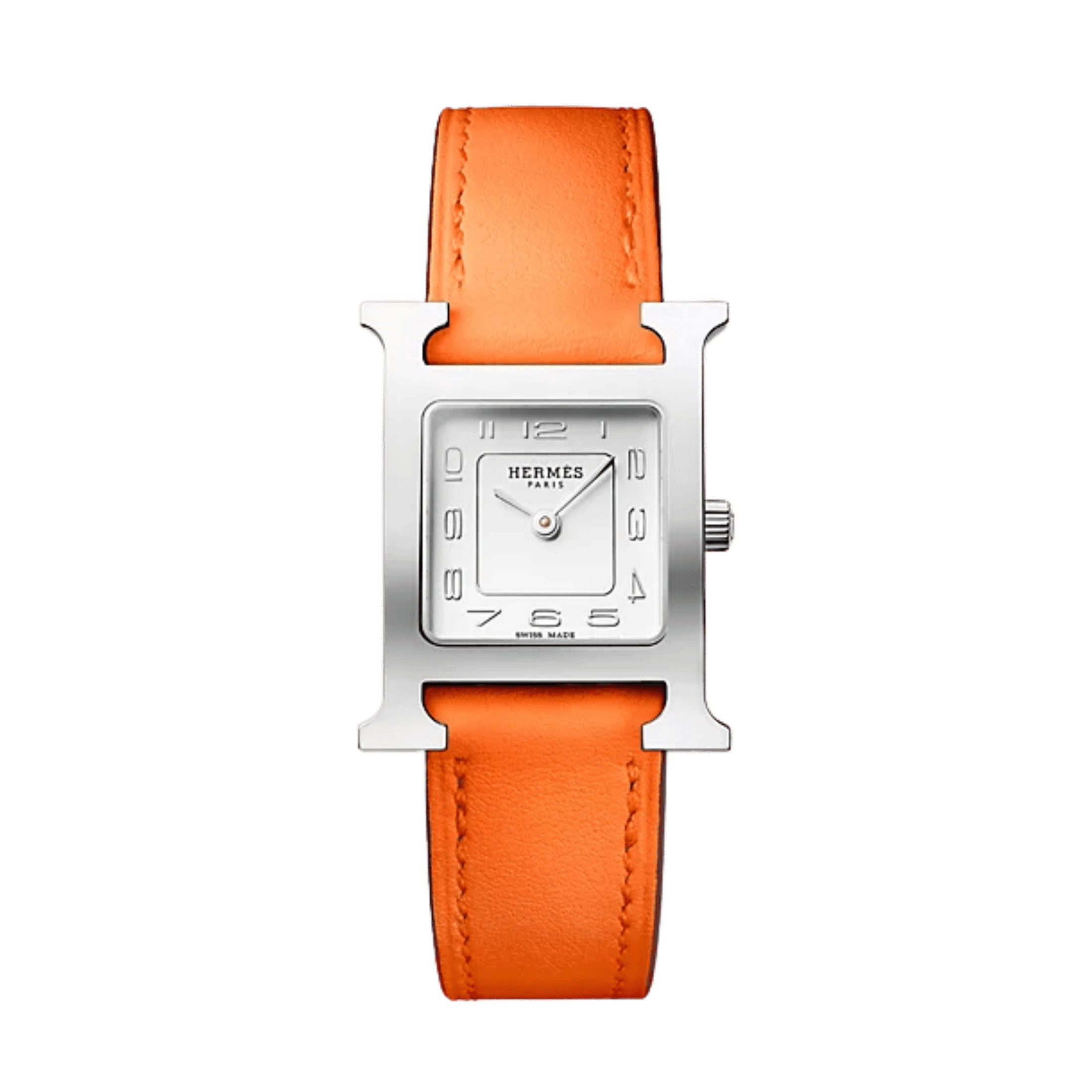 HERMÈS H Hour Small Model quartz white dial Swift orange leather strap 25 mm