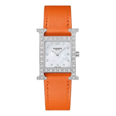 HERMÈS Hour H Small Model Set with diamonds quartz white mother-of-pearl dial orange Swift leather strap 25 mm