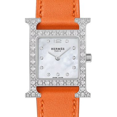 HERMÈS Hour H Small Model Set with diamonds quartz white mother-of-pearl dial orange Swift leather strap 25 mm