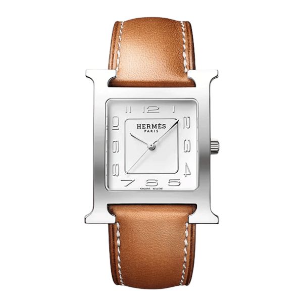 HERMÈS Heure H Large Model quartz silver dial Barenia leather strap 34 mm