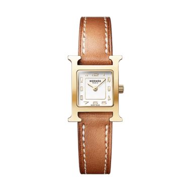 Montre HERMÈS Heure H Mini Modèle plaqué or jaune quartz cadran argenté bracelet cuir Barénia 21 mm