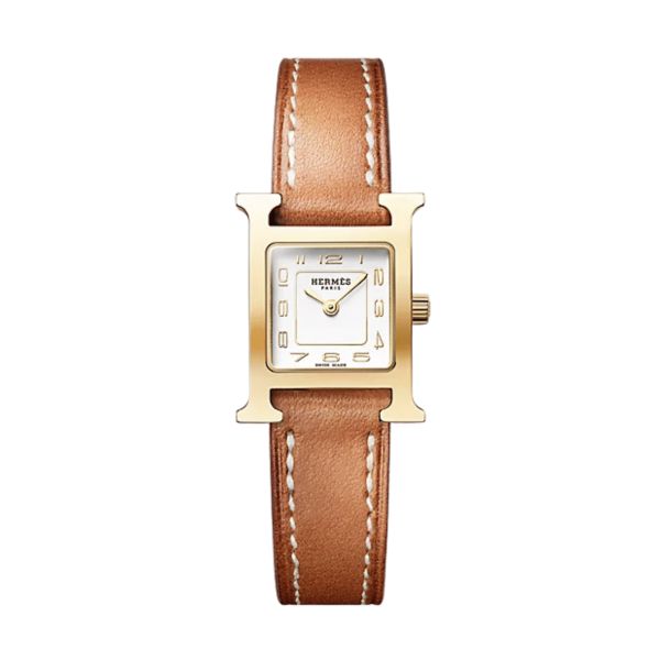 HERMÈS Heure H Mini Model yellow gold plated quartz silver dial leather strap Barénia 21 mm