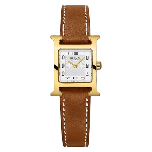 HERMÈS Heure H Mini Model yellow gold plated quartz white dial leather strap Barénia 21 mm