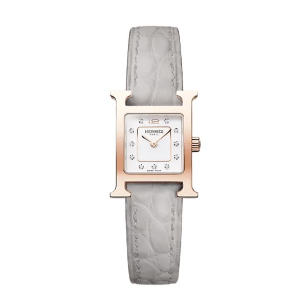 HERMÈS Heure H Mini Model rose gold plated quartz lacquered white dial silver leather strap 21 mm