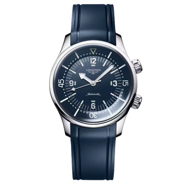 Longines Legend Diver automatic watch with blue dial and blue rubber strap, 39 mm