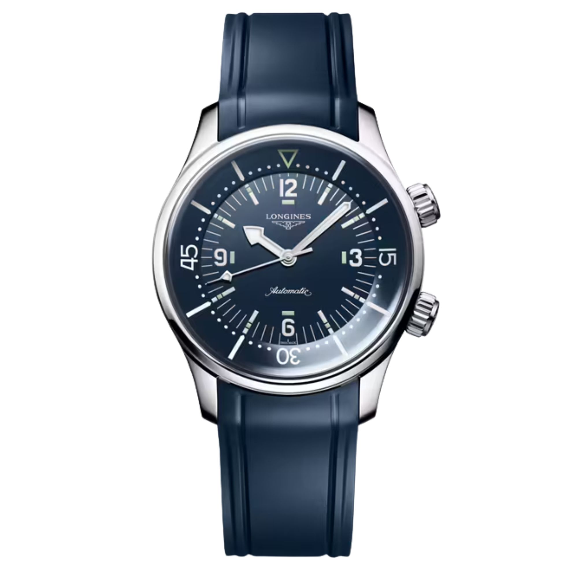 Longines Legend Diver automatic watch with blue dial and blue rubber strap, 39 mm