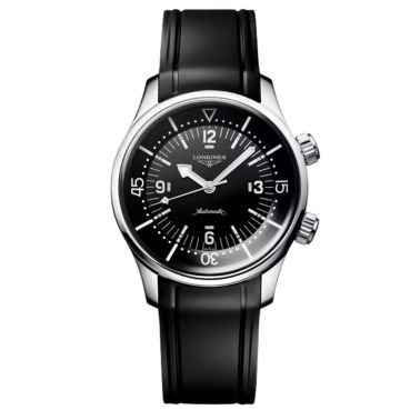 Longines Legend Diver automatic watch with black dial and black rubber strap, 39 mm