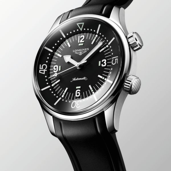 Longines Legend Diver automatic watch with black dial and black rubber strap, 39 mm