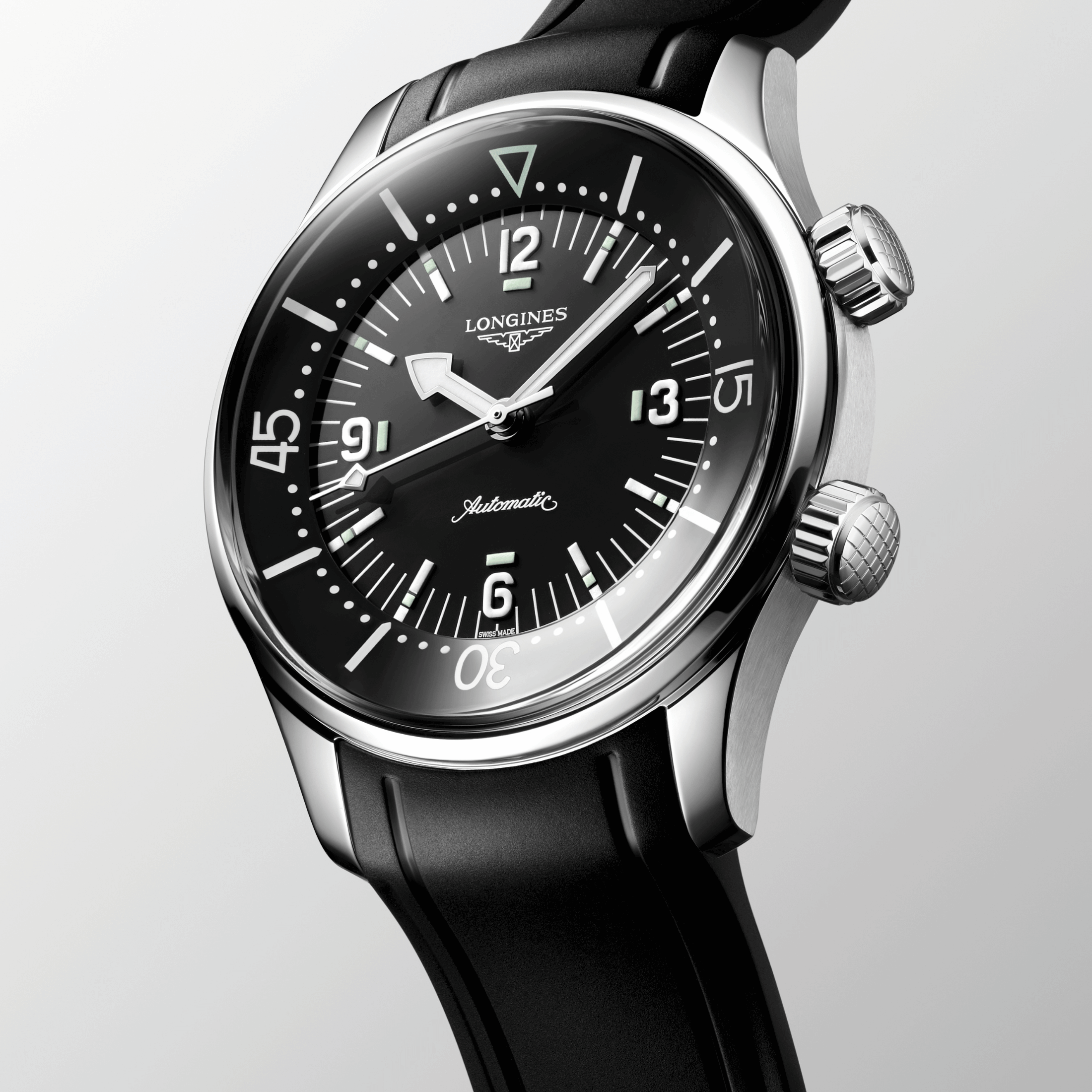 Longines Legend Diver automatic watch with black dial and black rubber strap, 39 mm