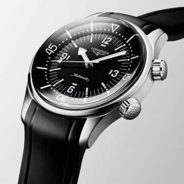 Longines Legend Diver automatic watch with black dial and black rubber strap, 39 mm