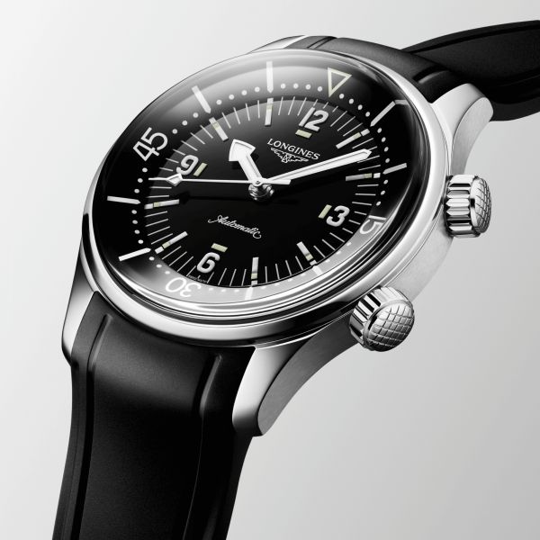 Longines Legend Diver automatic watch with black dial and black rubber strap, 39 mm