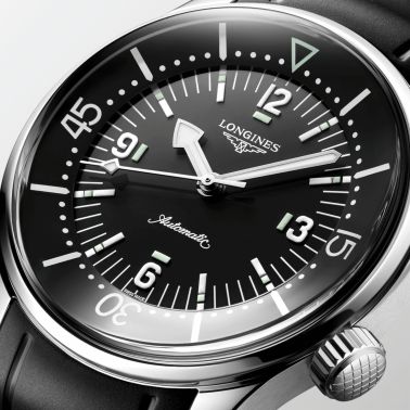 Longines Legend Diver automatic watch with black dial and black rubber strap, 39 mm
