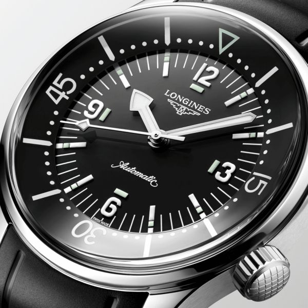 Longines Legend Diver automatic watch with black dial and black rubber strap, 39 mm