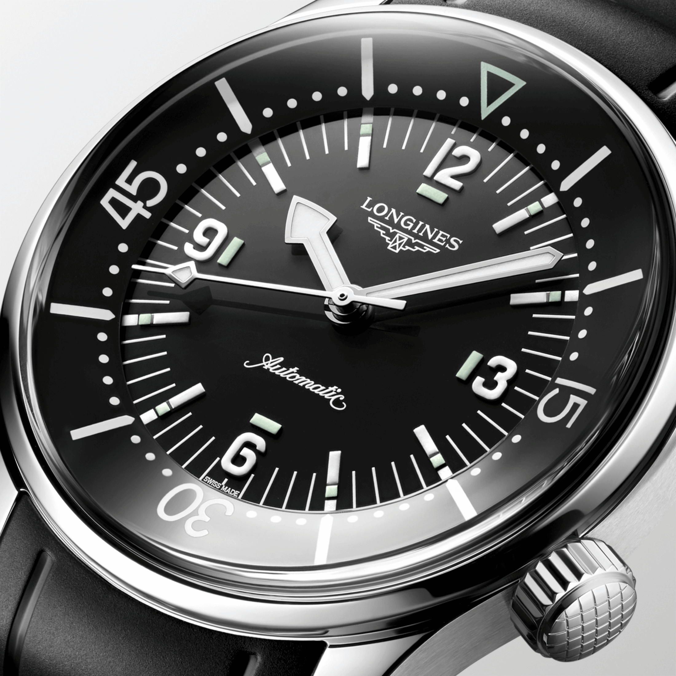 Longines Legend Diver automatic watch with black dial and black rubber strap, 39 mm