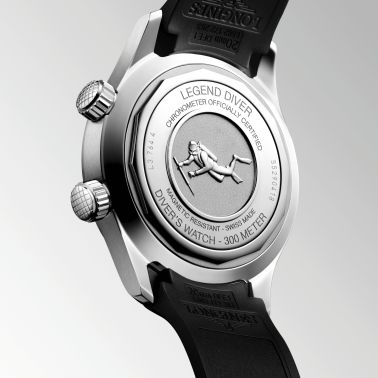 Longines Legend Diver automatic watch with black dial and black rubber strap, 39 mm