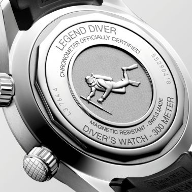 Longines Legend Diver automatic watch with black dial and black rubber strap, 39 mm