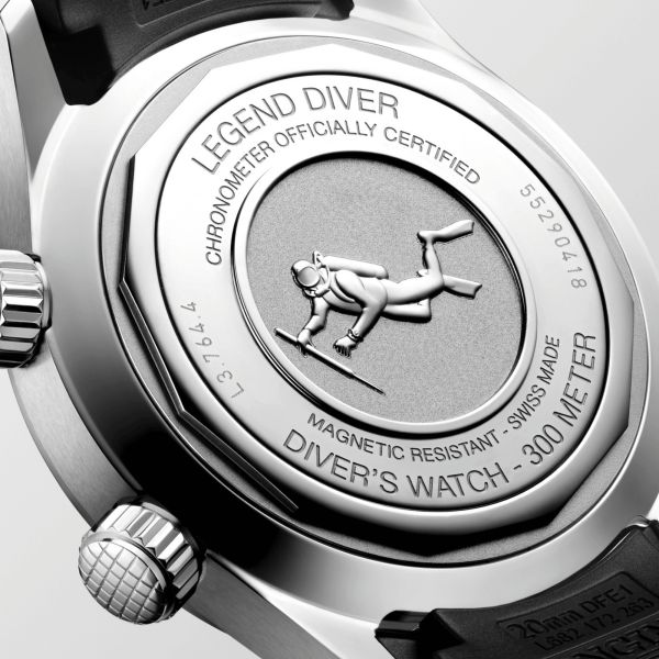 Longines Legend Diver automatic watch with black dial and black rubber strap, 39 mm