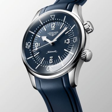 Longines Legend Diver automatic watch with blue dial and blue rubber strap, 39 mm
