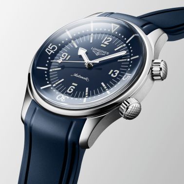 Longines Legend Diver automatic watch with blue dial and blue rubber strap, 39 mm