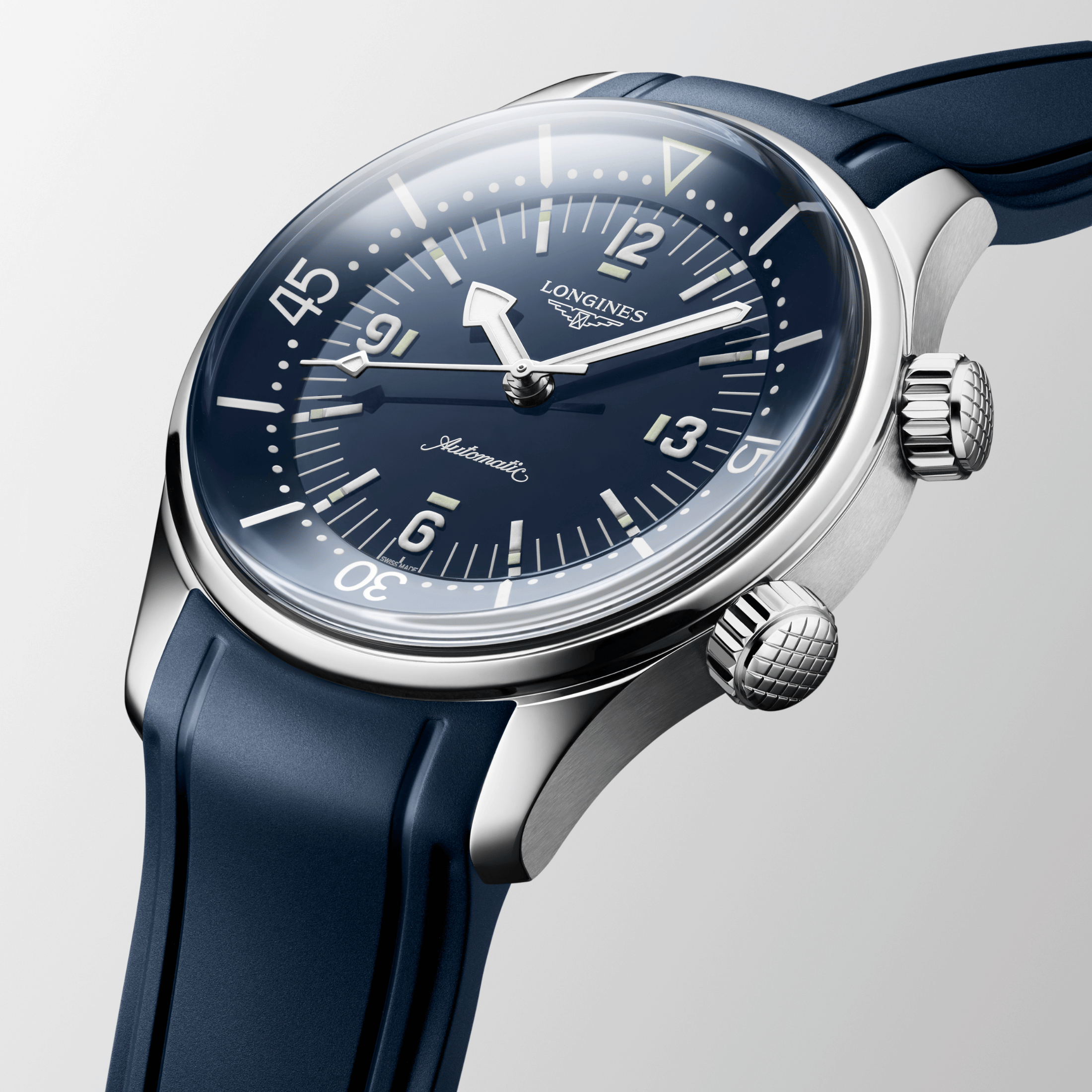 Longines Legend Diver automatic watch with blue dial and blue rubber strap, 39 mm