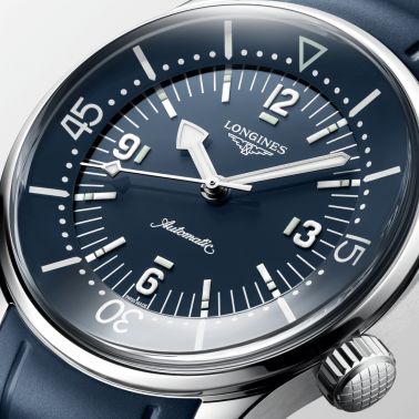 Longines Legend Diver automatic watch with blue dial and blue rubber strap, 39 mm
