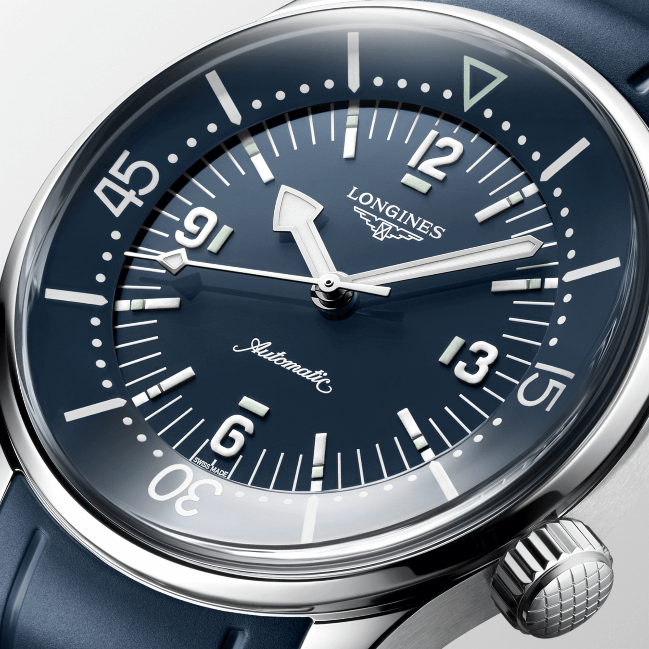 Longines Legend Diver automatic watch with blue dial and blue rubber strap, 39 mm