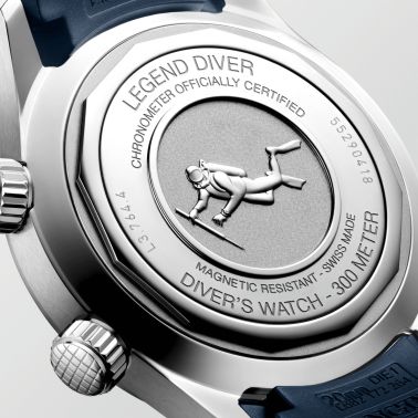 Longines Legend Diver automatic watch with blue dial and blue rubber strap, 39 mm