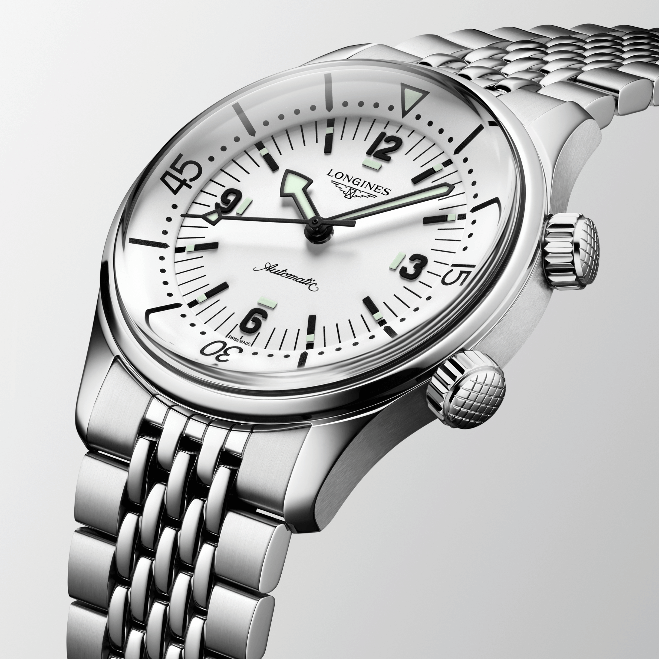 Longines Legend Diver automatic watch white dial steel bracelet 39 mm