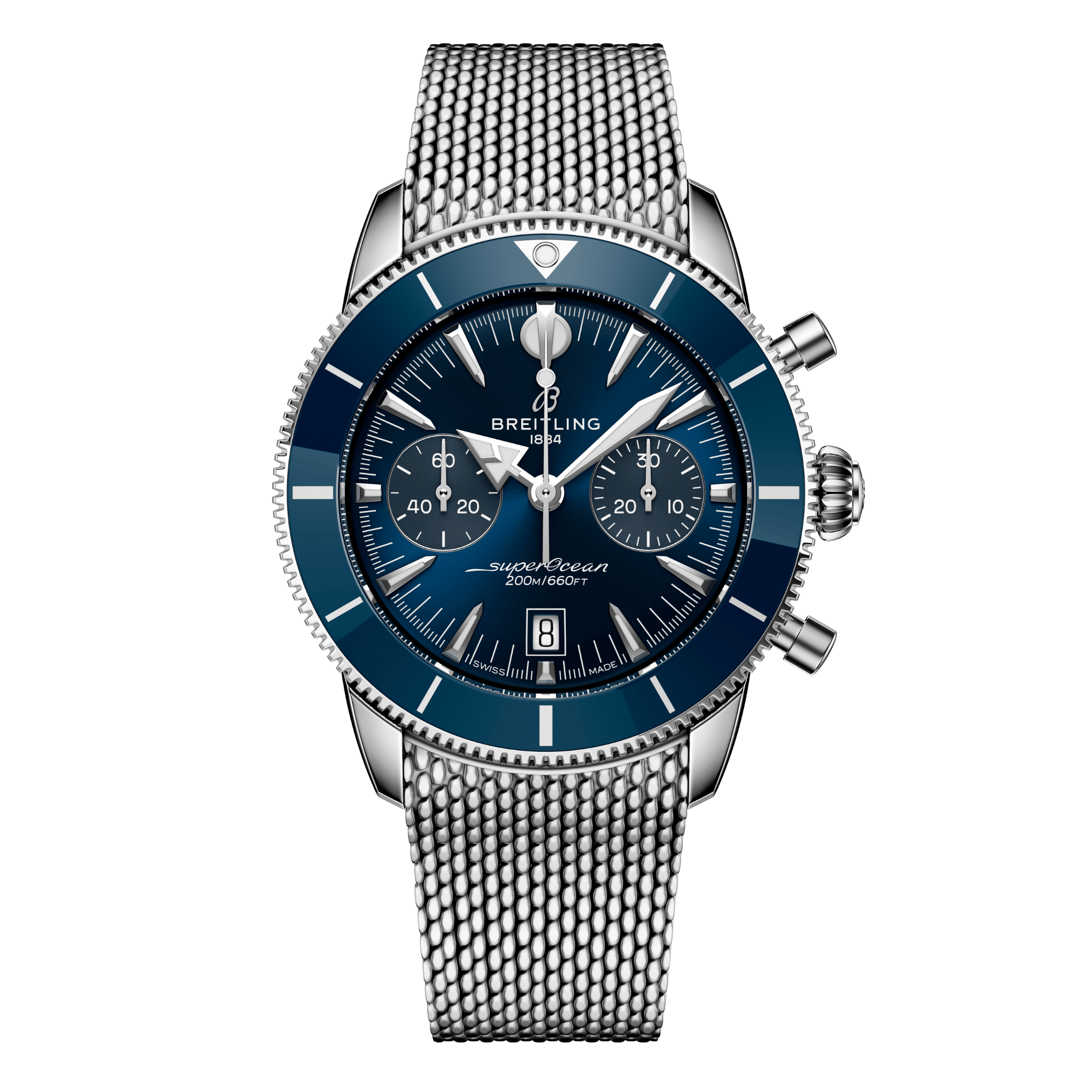 Breitling Superocean Heritage B01 Chrono automatic blue dial mesh bracelet 42 mm