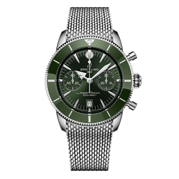 Breitling Superocean Heritage B01 Chrono automatic green dial mesh bracelet 42 mm
