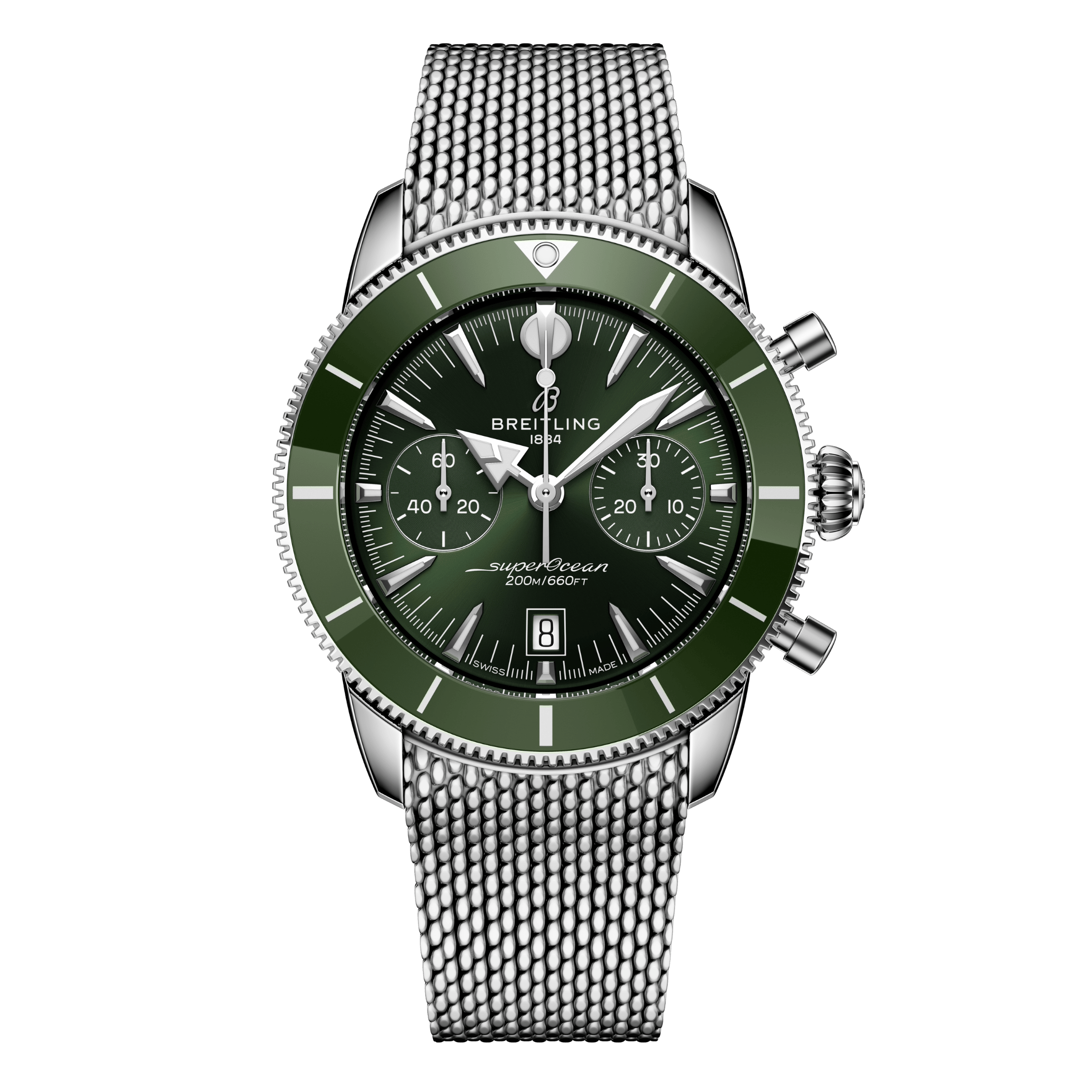 Breitling Superocean Heritage B01 Chrono automatic green dial mesh bracelet 42 mm