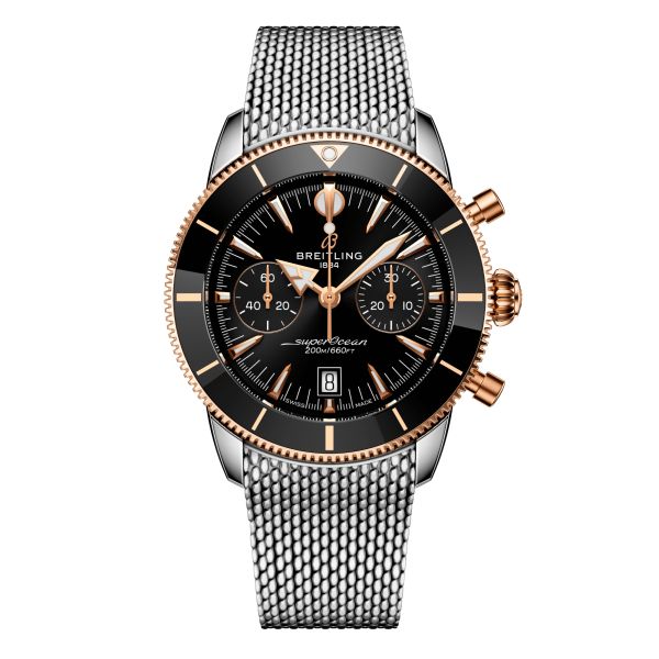 Breitling Superocean Heritage B01 Chrono Steel & Red Gold automatic black dial mesh bracelet 42 mm