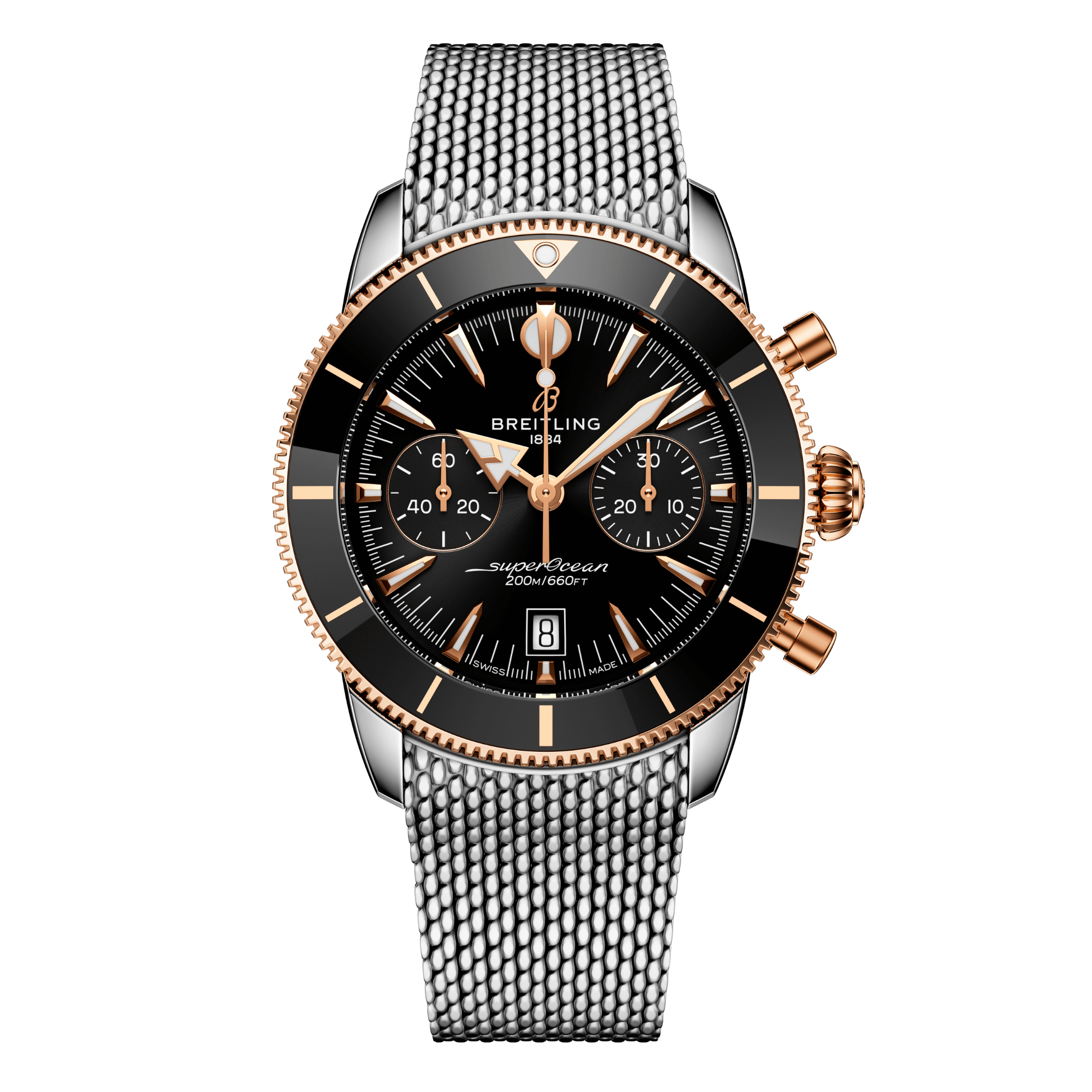 Breitling Superocean Heritage B01 Chrono Steel & Red Gold automatic black dial mesh bracelet 42 mm