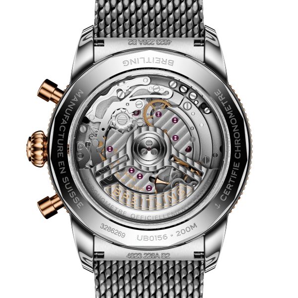 Montre Breitling Superocean Heritage B01 Chrono Acier & Or Rouge automatique cadran noir bracelet maille milanaise 42 mm