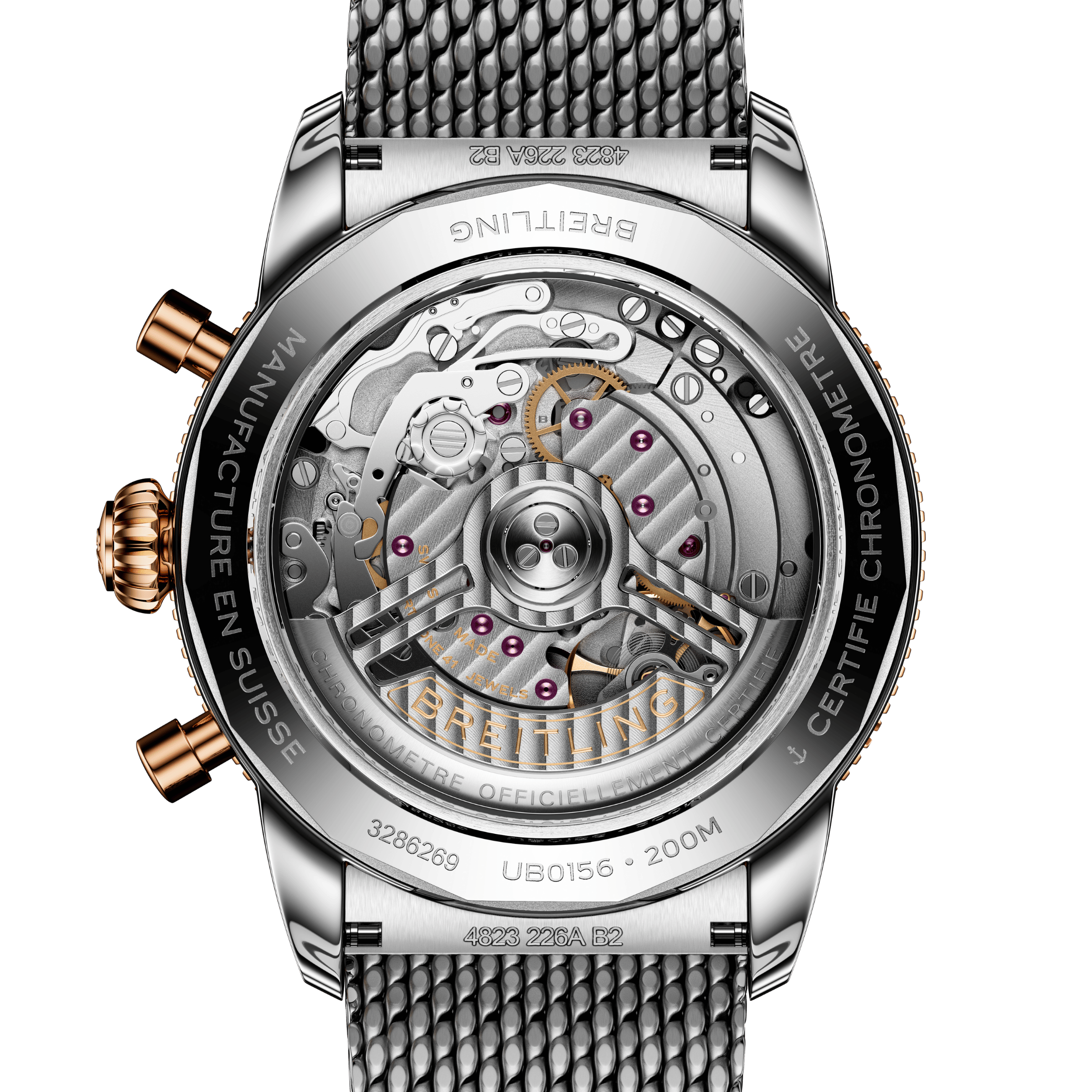 Montre Breitling Superocean Heritage B01 Chrono Acier & Or Rouge automatique cadran noir bracelet maille milanaise 42 mm
