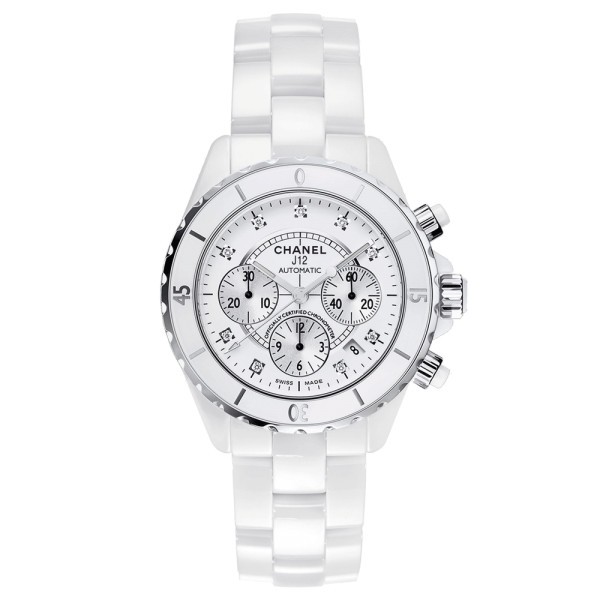 Montre Chanel J12 chronographe index diamants bracelet céramique blanche 41 mm